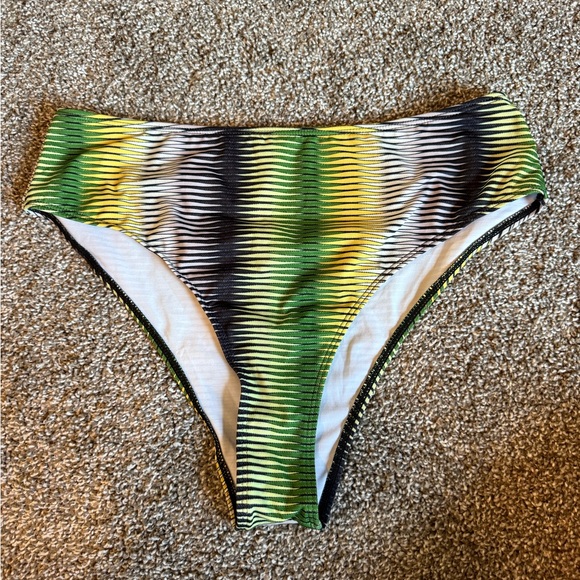 Striped Green and Yellow High-Waisted Bikini Bottom - Picture 1 of 4